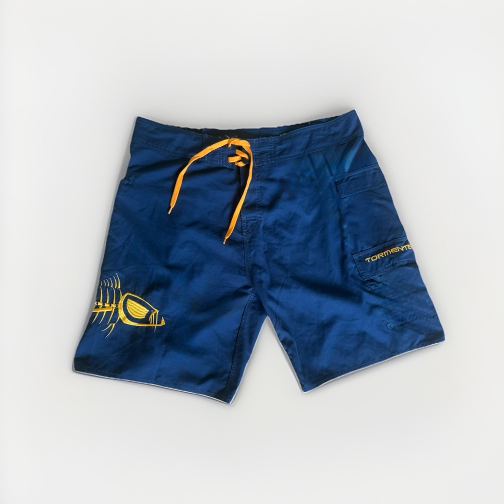 Tormenter Fishing Board Shorts Size 40 Blue Fish Skeleton Graphic Swim Trunks
